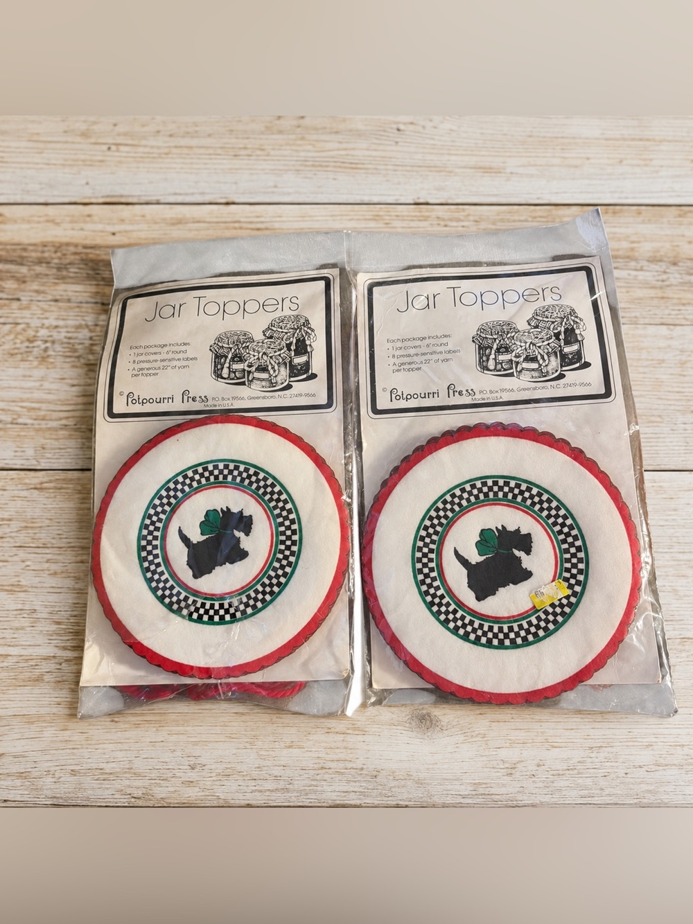 Vintage Potpourri Press Scottie Dog Jar Toppers Set of 2 NOS Canning Covers